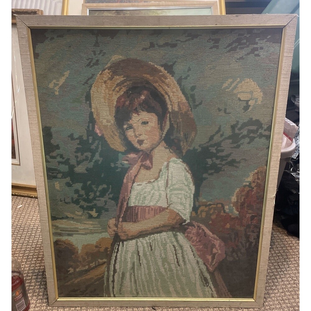Vintage Large Framed Needlework 23x 29 Victorian Prairie Girl